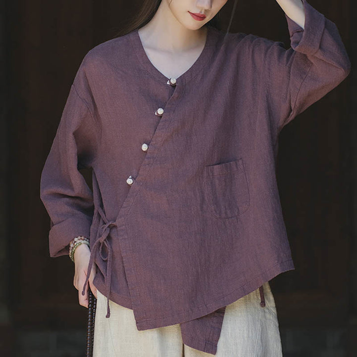 Buddha Stones Solid Color Ramie Linen Loose Blouse Long Sleeve Shirt Chinese Hanfu Top - image 17