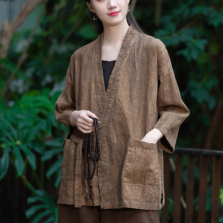 Buddha Stones Hanfu Design Three Quarter Sleeve Ramie Linen Coat Open Front Top Jacket - image 16