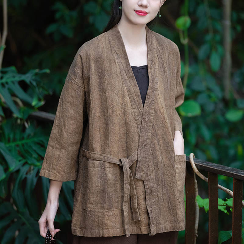 Buddha Stones Hanfu Design Three Quarter Sleeve Ramie Linen Coat Open Front Top Jacket - image 15