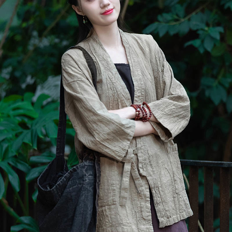 Buddha Stones Hanfu Design Three Quarter Sleeve Ramie Linen Coat Open Front Top Jacket