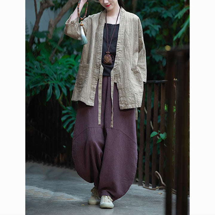Buddha Stones Hanfu Design Three Quarter Sleeve Ramie Linen Coat Open Front Top Jacket - image 10