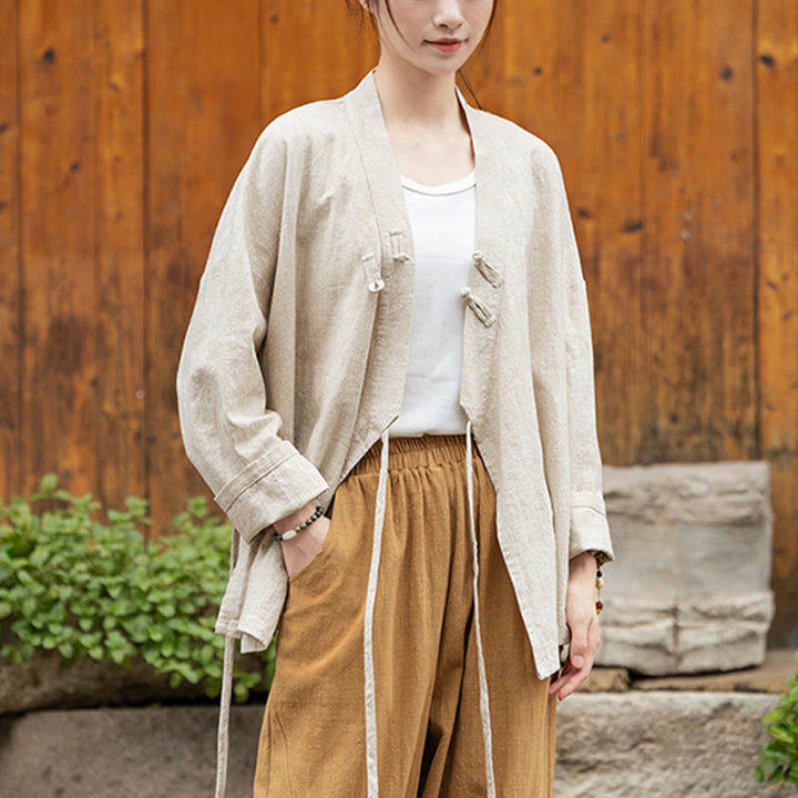Buddha Stones Frog-Button Hanfu Design Shirt Top Ramie Linen Jacket - Beige(Bust 126cm)(Top Only) - image 12