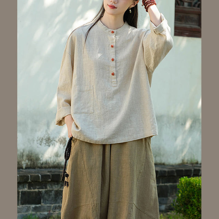 Buddha Stones Solid Color Loose Button Blouse Long Sleeve Shirt Top - image 15