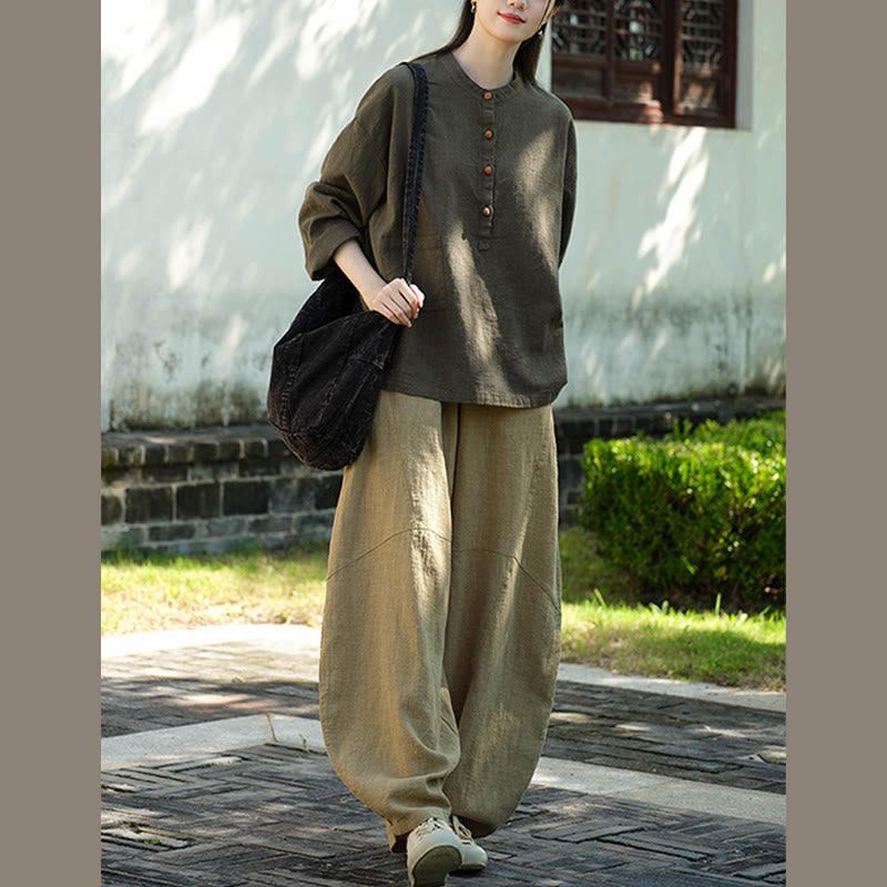 Buddha Stones Solid Color Loose Button Blouse Long Sleeve Shirt Top - image 26