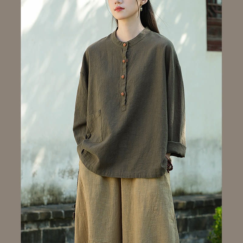 Buddha Stones Solid Color Loose Button Blouse Long Sleeve Shirt Top - image 23