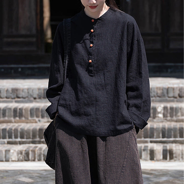 Buddha Stones Solid Color Loose Button Blouse Long Sleeve Shirt Top - image 29