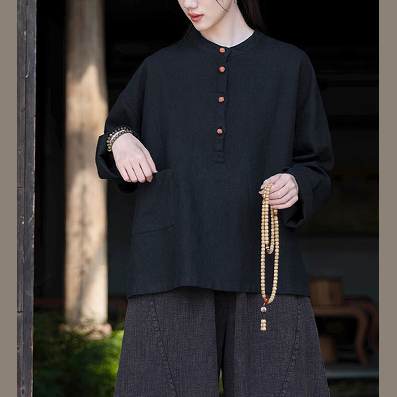 Buddha Stones Solid Color Loose Button Blouse Long Sleeve Shirt Top - image 33