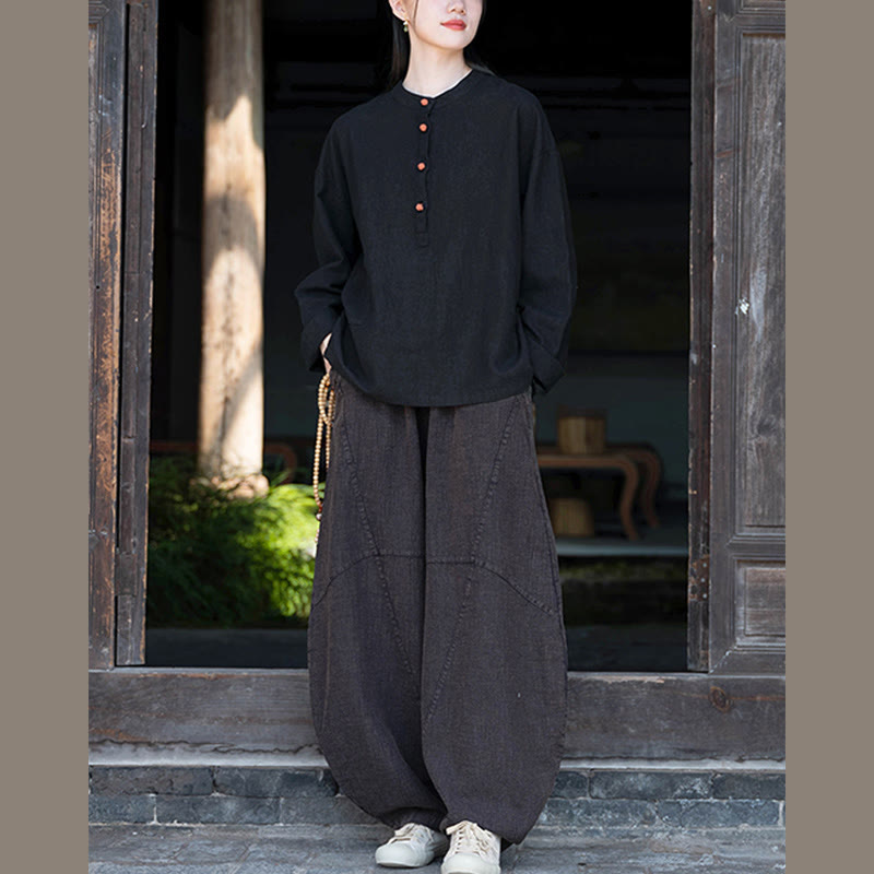 Buddha Stones Solid Color Loose Button Blouse Long Sleeve Shirt Top - image 37