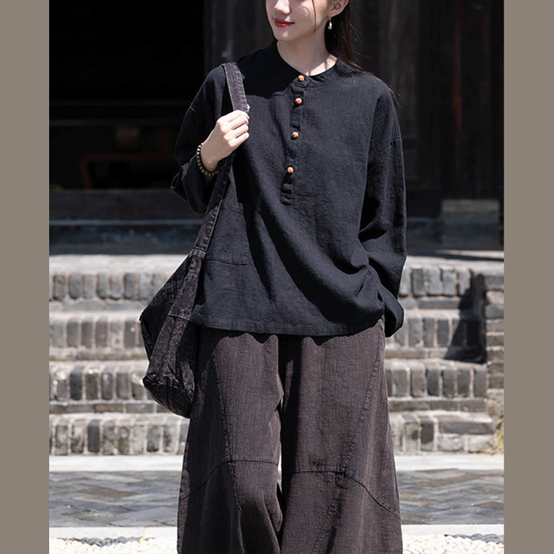 Buddha Stones Solid Color Loose Button Blouse Long Sleeve Shirt Top - image 36