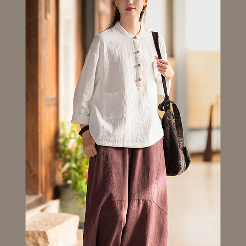 Buddha Stones Solid Color Loose Button Blouse Long Sleeve Shirt Top - image 9