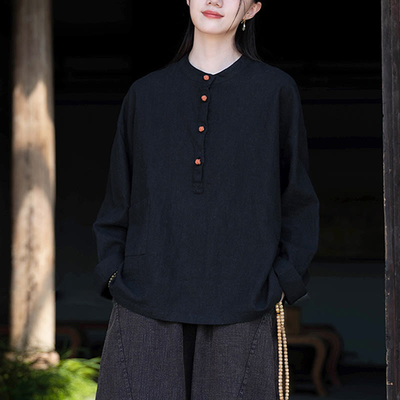 Buddha Stones Solid Color Loose Button Blouse Long Sleeve Shirt Top - image 34