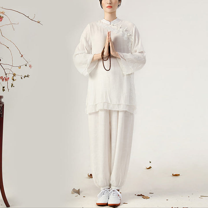 Buddha Stones 2Pcs Long Sleeve Frog-Button Meditation Prayer Zen Practice Tai Chi Uniform Clothing Women's Set