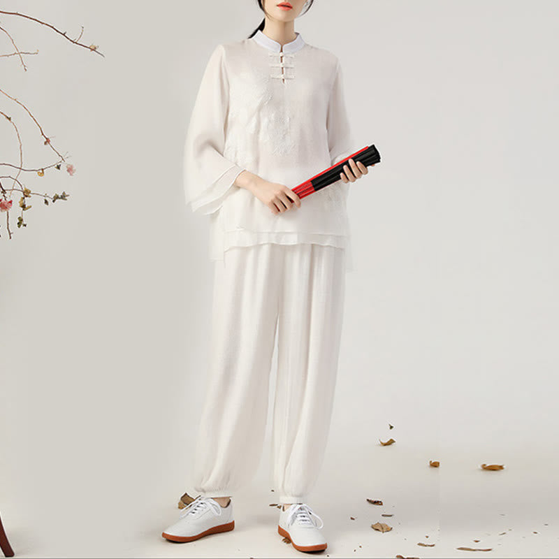 Buddha Stones 2Pcs Long Sleeve Frog-Button Meditation Prayer Zen Practice Tai Chi Uniform Clothing Women's Set - White Stand Collar(Top&Pants) - US8-10，UK/AU12-14，EU40-42 (2XL) - image 5