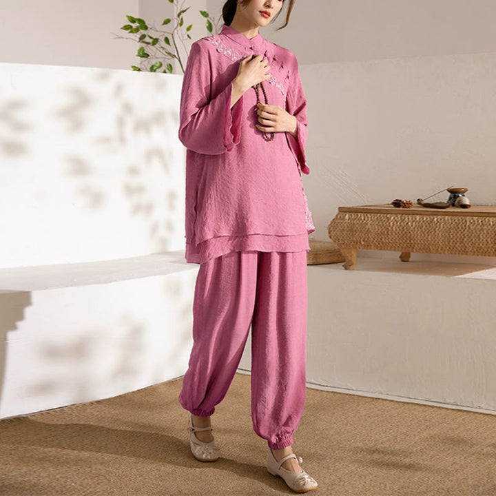 Buddha Stones 2Pcs Long Sleeve Frog-Button Meditation Prayer Zen Practice Tai Chi Uniform Clothing Women's Set - Rose Red Side Frog-Button(Top&Pants) - US8-10，UK/AU12-14，EU40-42 (2XL) - image 20
