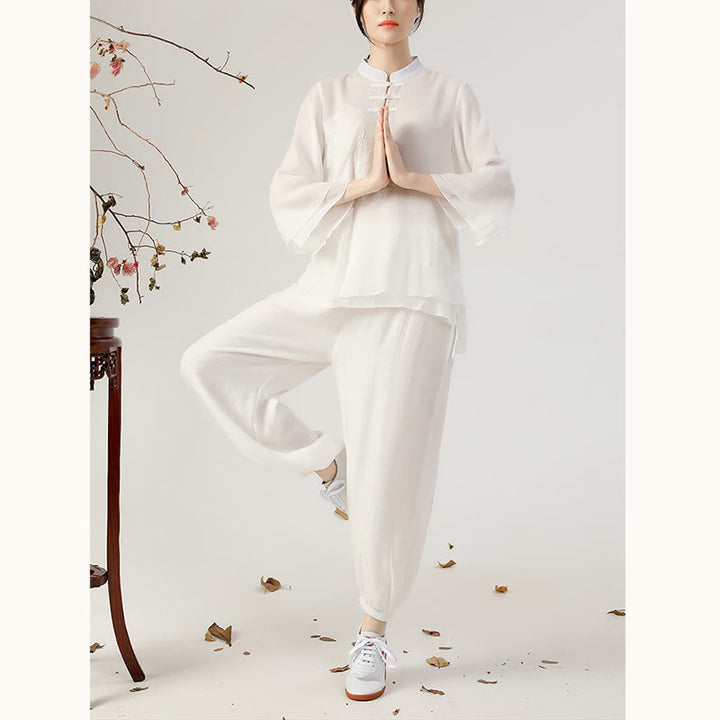 Buddha Stones 2Pcs Long Sleeve Frog-Button Meditation Prayer Zen Practice Tai Chi Uniform Clothing Women's Set - image 6