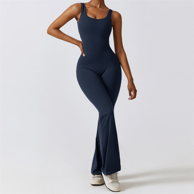Buddha Stones Women Workout Sleeveless Jumpsuit Flare Pants Sports Fitness Yoga Bodysuit - Blue - US8-10，UK/AU12-14，EU40-42 (XL)  - image 21