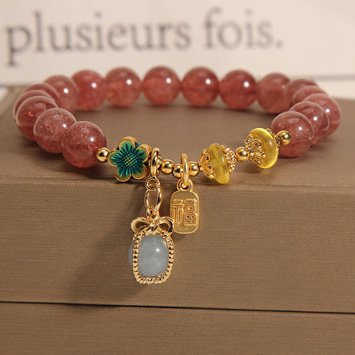 Buddha Stones Natural Strawberry Quartz Crystal Aquamarine Fortune Brand Love Bracelet - Strawberry Crystal  Aquamarine Fortune brand(Wrist Circumference: 14-16cm) - image 0
