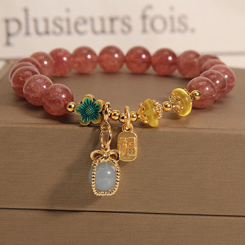 Buddha Stones Natural Strawberry Quartz Crystal Aquamarine Fortune Brand Love Bracelet - image 3