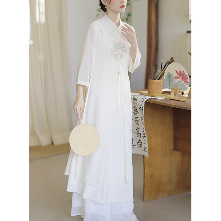 Buddha Stones Embroidery Chiffon Cheongsam Midi Dress Wide Leg Pants Meditation Zen Practice Clothing