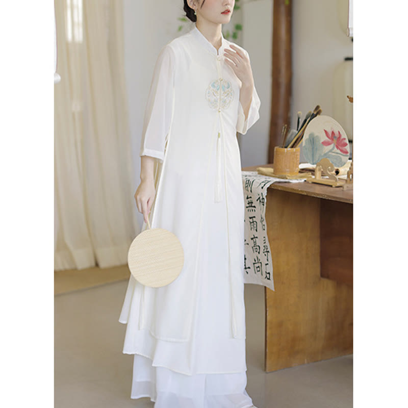 Buddha Stones Embroidery Chiffon Cheongsam Midi Dress Wide Leg Pants Meditation Zen Practice Clothing - image 12
