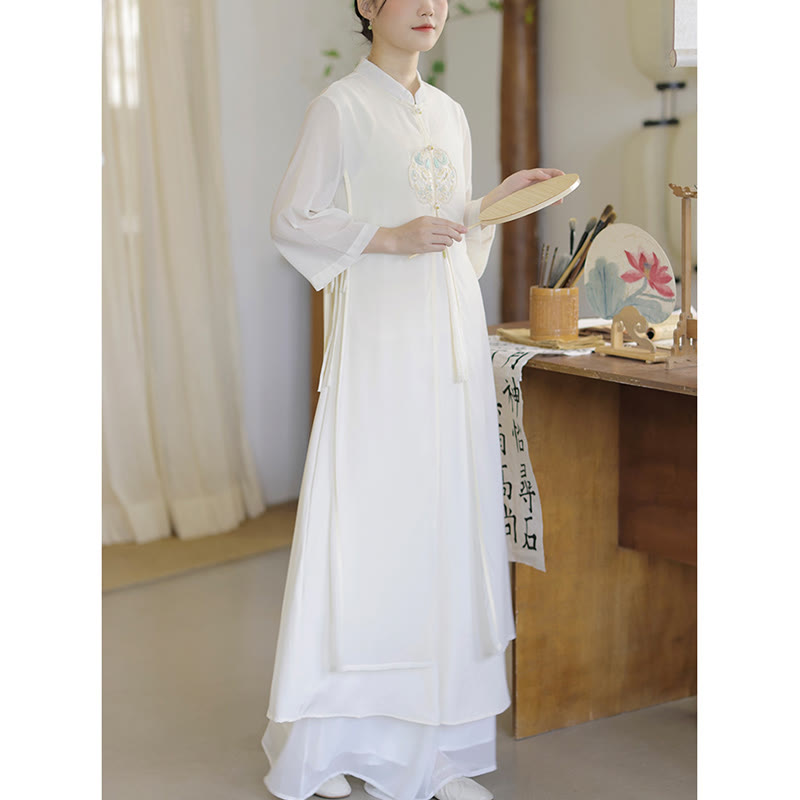 Buddha Stones Embroidery Chiffon Cheongsam Midi Dress Wide Leg Pants Meditation Zen Practice Clothing