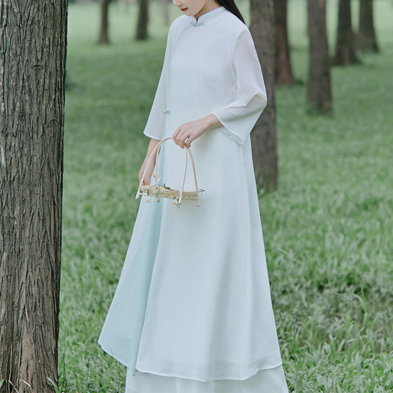 Buddha Stones Three Quarter Sleeve Chiffon Cheongsam Midi Dress Wide Leg Pants Meditation Zen Practice Clothing - image 1