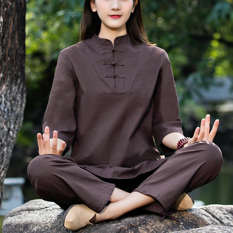 Buddha Stones 2Pcs Half Sleeve Shirt Top Pants Meditation Zen Tai Chi Cotton Linen Clothing Women's Set