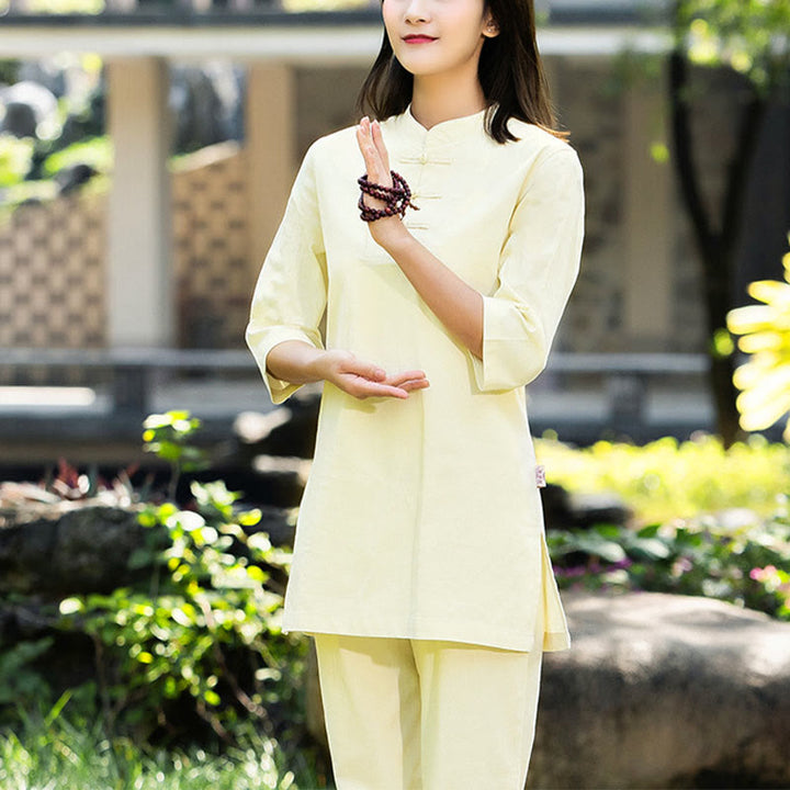 Buddha Stones 2Pcs Half Sleeve Shirt Top Pants Meditation Zen Tai Chi Cotton Linen Clothing Women's Set - Yellow(Top&Pants) - US8-10，UK/AU12-14，EU40-42 (2XL) - image 19