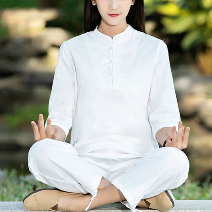 Buddha Stones 2Pcs Half Sleeve Shirt Top Pants Meditation Zen Tai Chi Cotton Linen Clothing Women's Set - image 13
