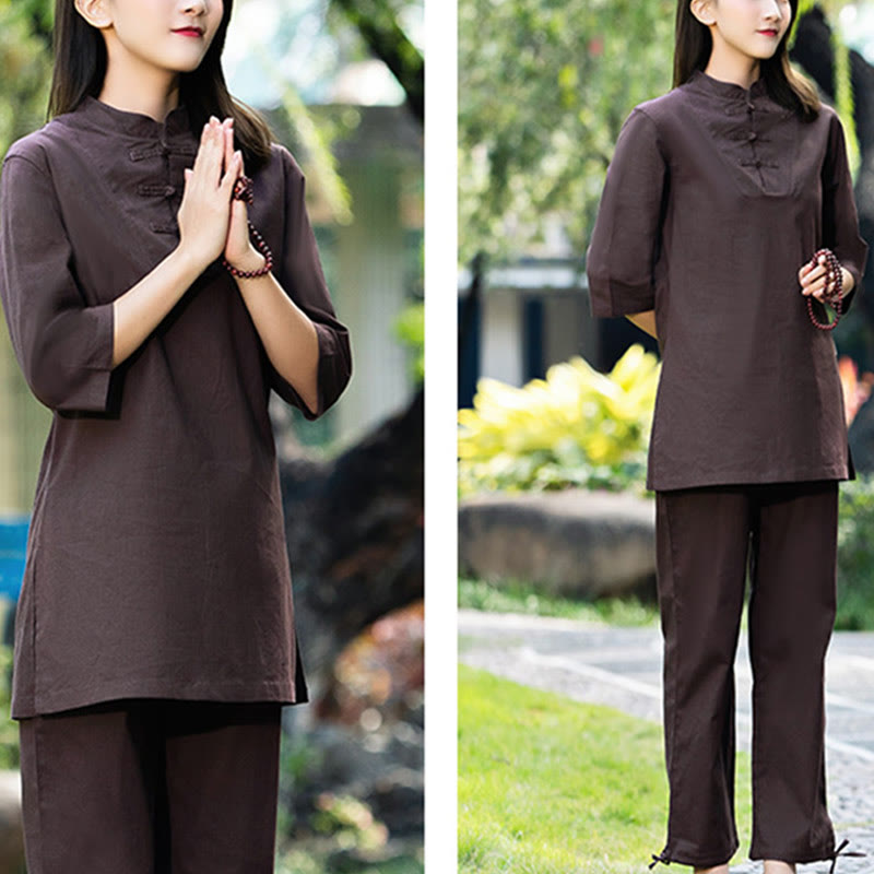 Buddha Stones 2Pcs Half Sleeve Shirt Top Pants Meditation Zen Tai Chi Cotton Linen Clothing Women's Set