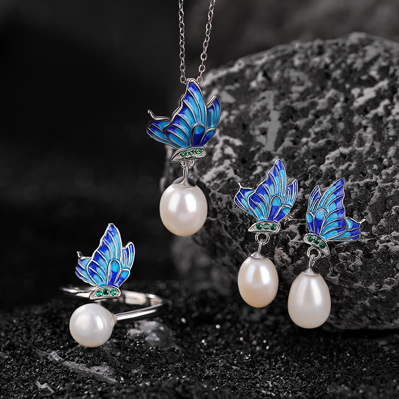 Buddha Stones 925 Sterling Silver Pearl Butterfly Healing Necklace Pendant Earrings Ring - 3Pcs(Necklace Earrings&Ring) - image 0