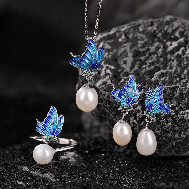 Buddha Stones 925 Sterling Silver Pearl Butterfly Healing Necklace Pendant Earrings Ring - 3Pcs(Necklace Earrings&Ring) - image 0