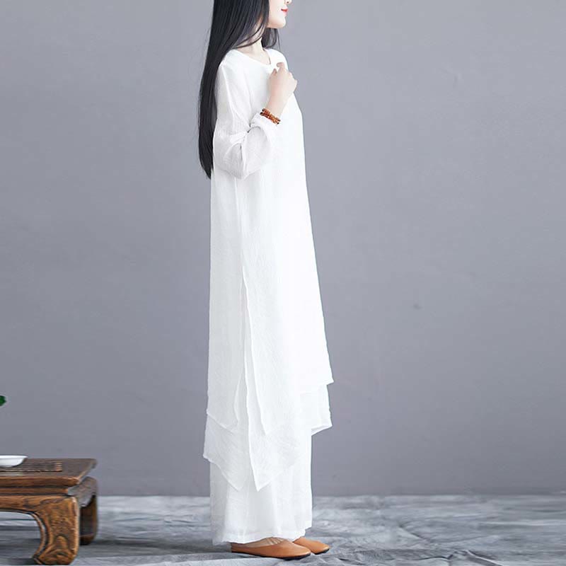 Buddha Stones 2Pcs Solid Color Midi Dress Wide Leg Pants Meditation Spiritual Zen Practice Yoga Dance Clothing - image 4