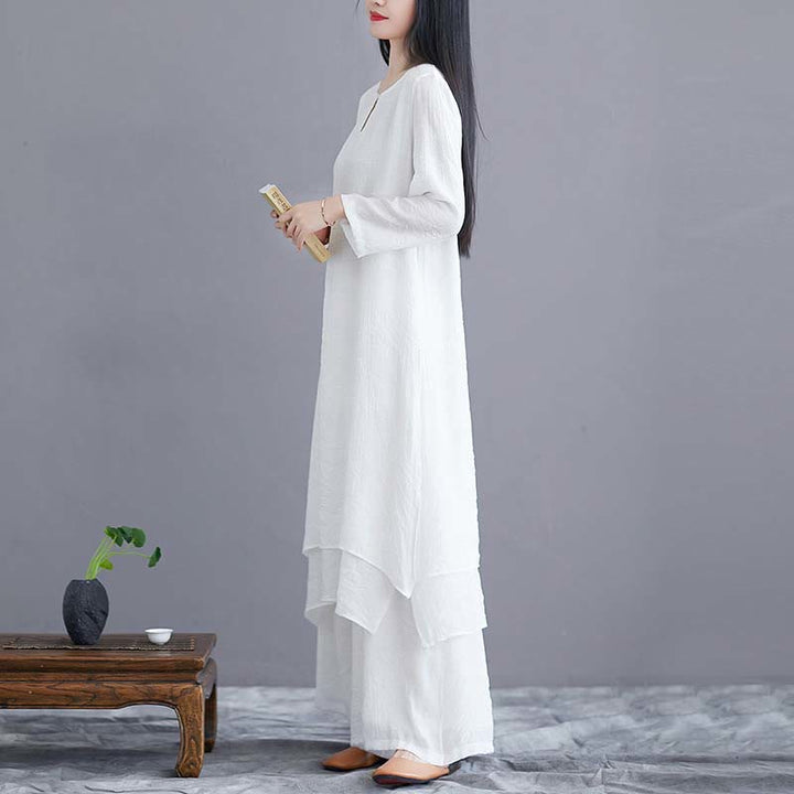 Buddha Stones 2Pcs Solid Color Midi Dress Wide Leg Pants Meditation Spiritual Zen Practice Yoga Dance Clothing - image 7
