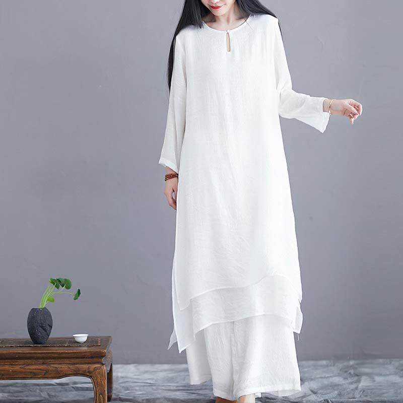 Buddha Stones 2Pcs Solid Color Midi Dress Wide Leg Pants Meditation Spiritual Zen Practice Yoga Dance Clothing - image 2