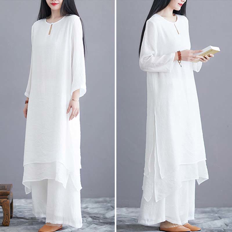 Buddha Stones 2Pcs Solid Color Midi Dress Wide Leg Pants Meditation Spiritual Zen Practice Yoga Dance Clothing - image 9