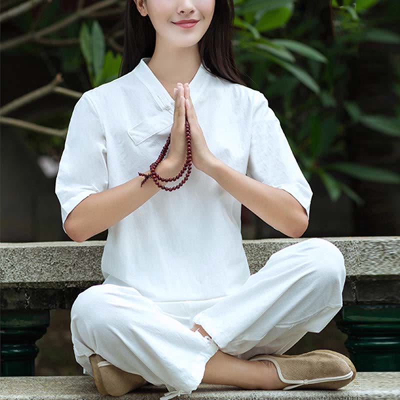 Buddha Stones 2Pcs Half Sleeve V-Neck Shirt Top Pants Meditation Zen Tai Chi Linen Clothing Women's Set