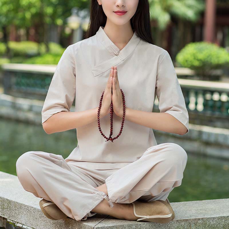 Buddha Stones 2Pcs Half Sleeve V-Neck Shirt Top Pants Meditation Zen Tai Chi Linen Clothing Women's Set