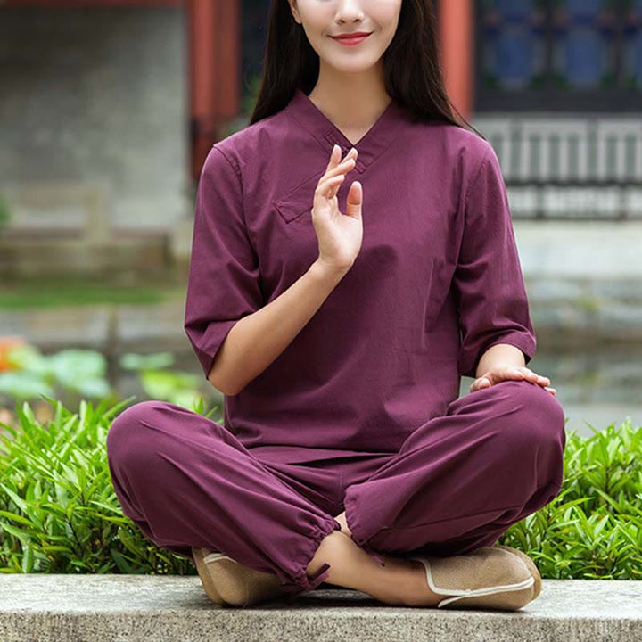 Buddha Stones 2Pcs Half Sleeve V-Neck Shirt Top Pants Meditation Zen Tai Chi Linen Clothing Women's Set