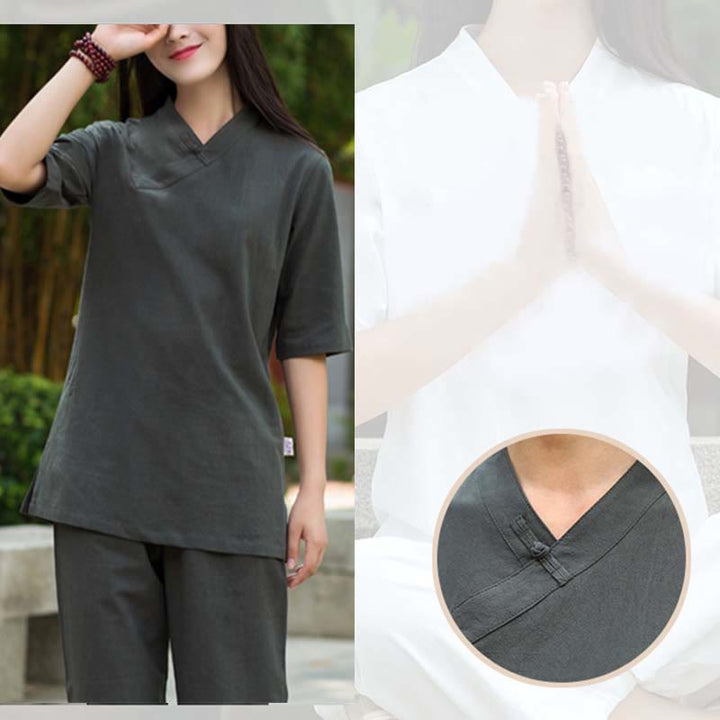 Buddha Stones 2Pcs Half Sleeve V-Neck Shirt Top Pants Meditation Zen Tai Chi Linen Clothing Women's Set