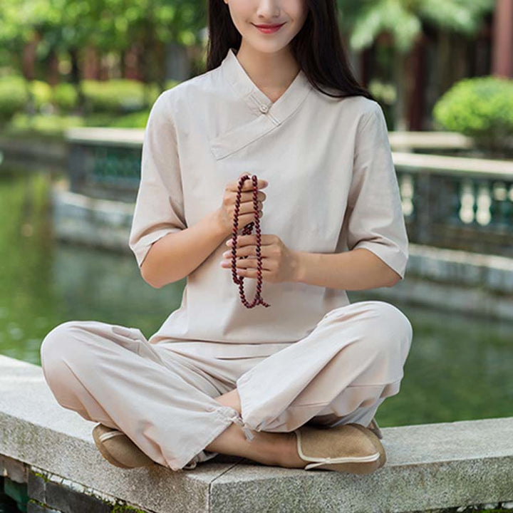 Buddha Stones 2Pcs Half Sleeve V-Neck Shirt Top Pants Meditation Zen Tai Chi Linen Clothing Women's Set