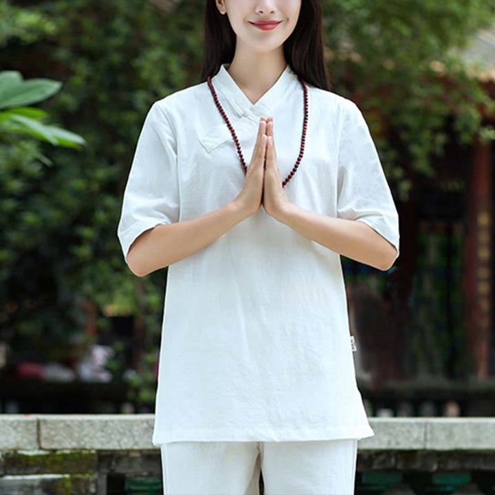 Buddha Stones 2Pcs Half Sleeve V-Neck Shirt Top Pants Meditation Zen Tai Chi Linen Clothing Women's Set