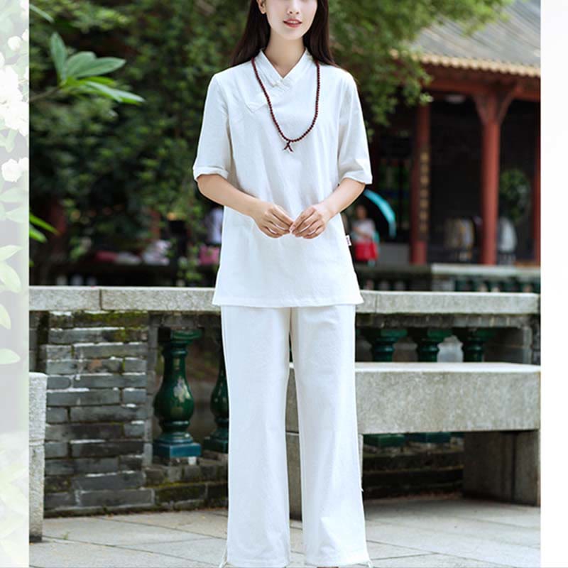 Buddha Stones 2Pcs Half Sleeve V-Neck Shirt Top Pants Meditation Zen Tai Chi Linen Clothing Women's Set