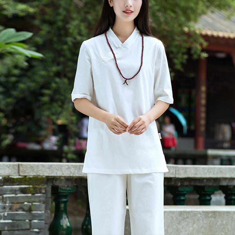 Buddha Stones 2Pcs Half Sleeve V-Neck Shirt Top Pants Meditation Zen Tai Chi Linen Clothing Women's Set - image 5