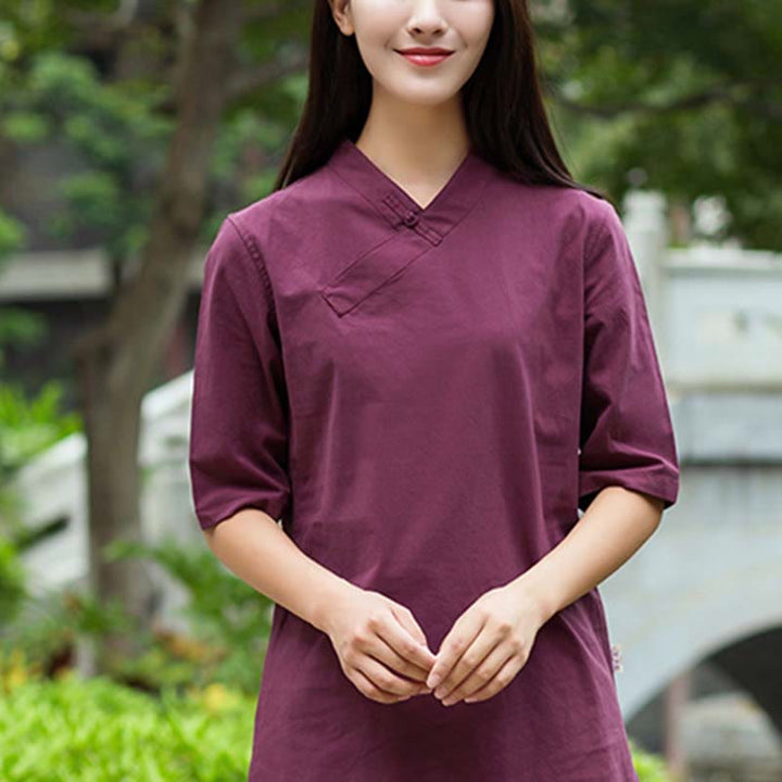Buddha Stones 2Pcs Half Sleeve V-Neck Shirt Top Pants Meditation Zen Tai Chi Linen Clothing Women's Set - image 13