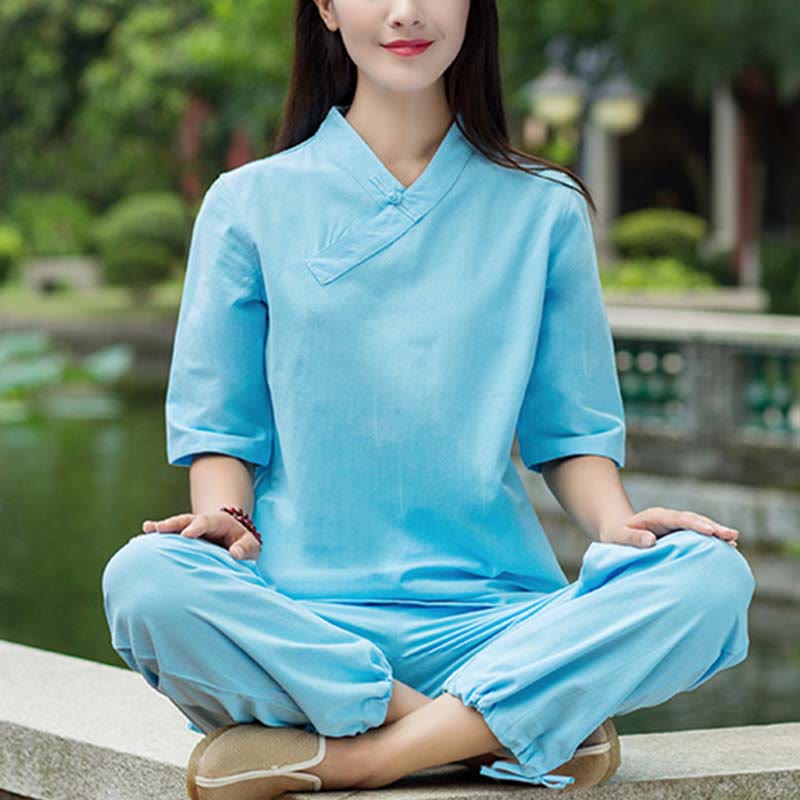 Buddha Stones 2Pcs Half Sleeve V-Neck Shirt Top Pants Meditation Zen Tai Chi Linen Clothing Women's Set - image 10