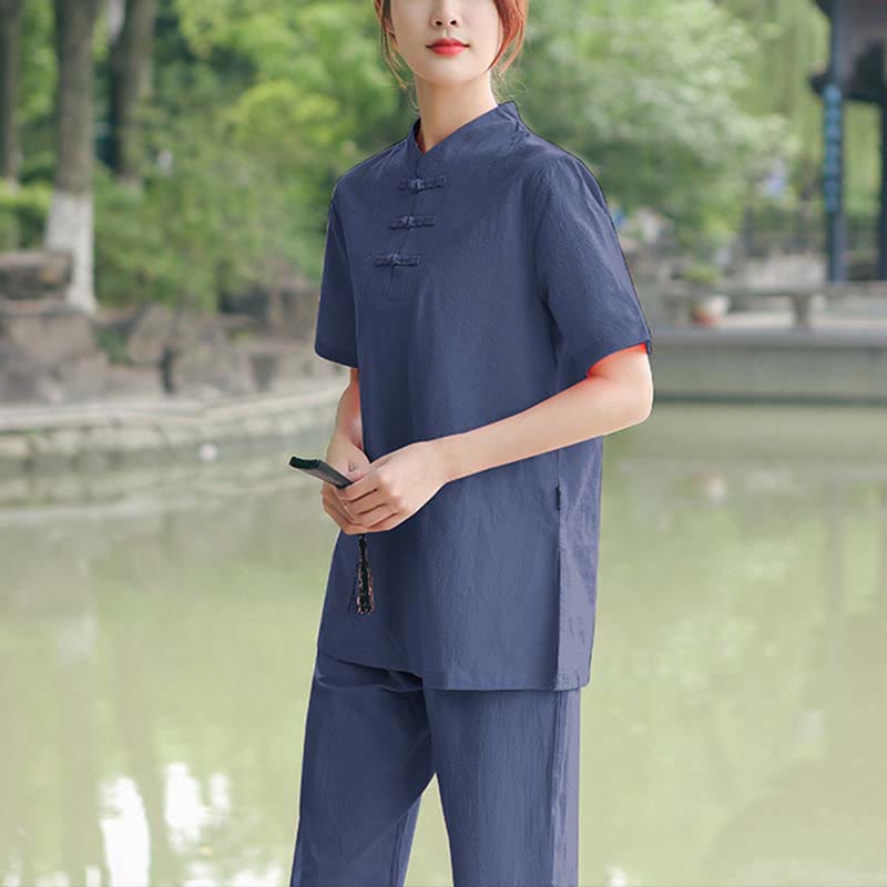 Buddha Stones 2Pcs Women's Short Sleeve Shirt Top T-Shirt Pants Meditation Zen Tai Chi Cotton Linen Clothing Set - Dark Blue(Top&Pants) - US18，UK/AU22，EU50 (6XL) - image 10