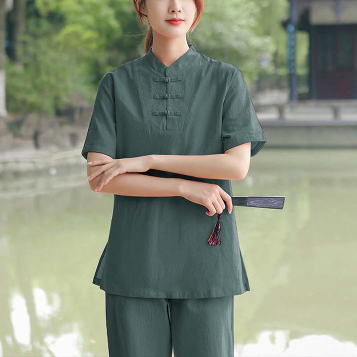 Buddha Stones 2Pcs Women's Short Sleeve Shirt Top T-Shirt Pants Meditation Zen Tai Chi Cotton Linen Clothing Set - Dark Green(Top&Pants) - US18，UK/AU22，EU50 (6XL) - image 13