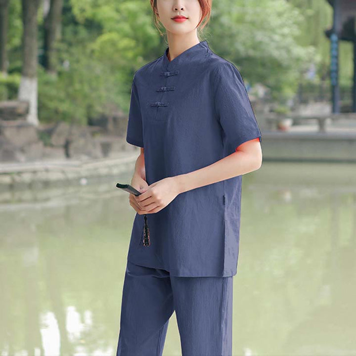 Buddha Stones 2Pcs Women's Short Sleeve Shirt Top T-Shirt Pants Meditation Zen Tai Chi Cotton Linen Clothing Set - Dark Blue(Top&Pants) - US18，UK/AU22，EU50 (6XL) - image 10