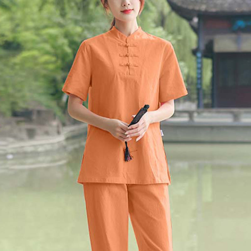 Buddha Stones 2Pcs Women's Short Sleeve Shirt Top T-Shirt Pants Meditation Zen Tai Chi Cotton Linen Clothing Set - Orange(Top&Pants) - US18，UK/AU22，EU50 (6XL) - image 7